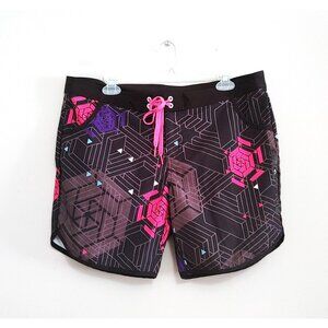 Billabong Womens Size 12 Board Shorts Geometric Patterned Shorts Black Pockets